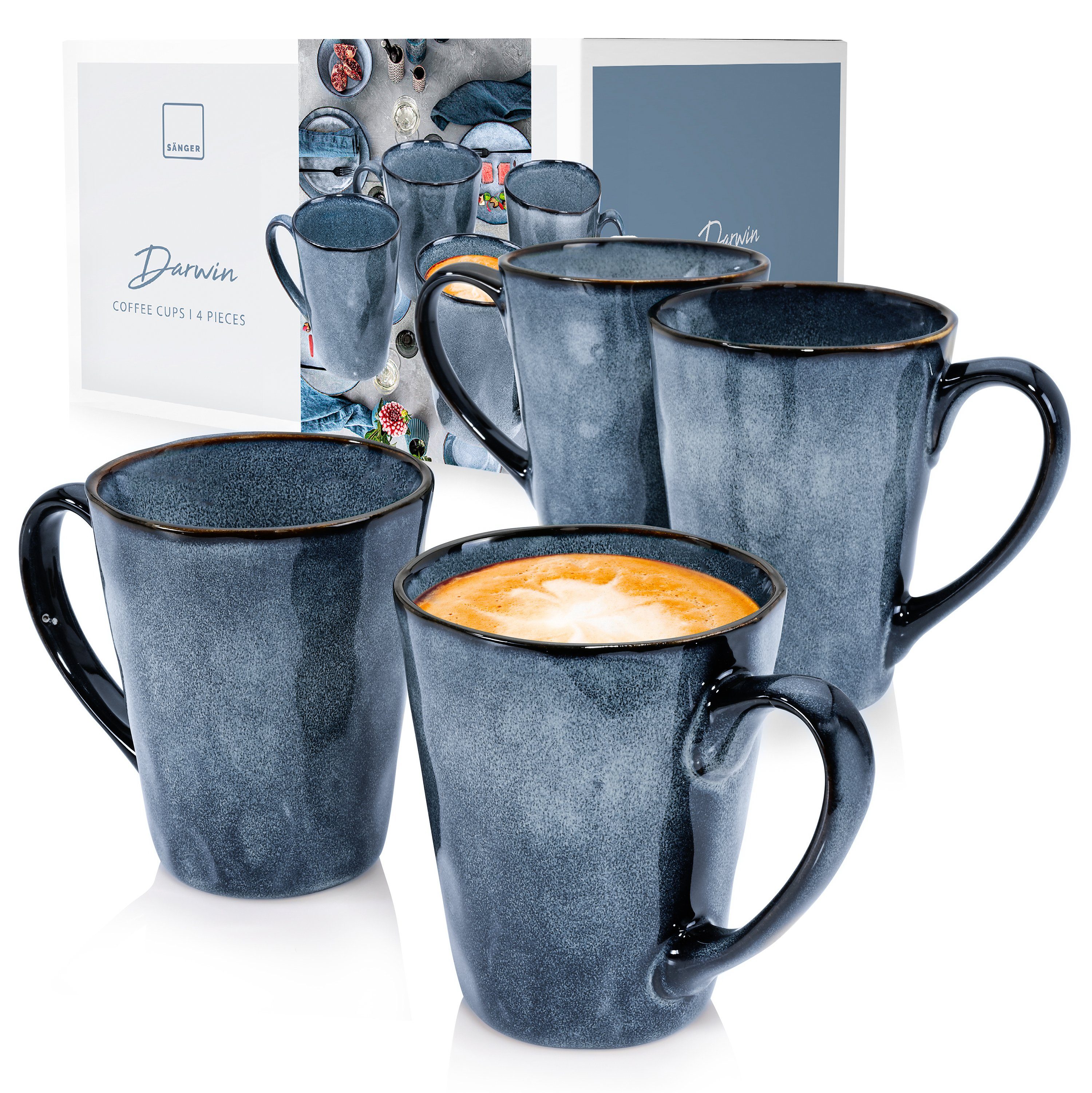 SÄNGER Becher Darwin Kaffeebecher Set (4-teilig), Steingut, Handmade, 500 ml, Blau