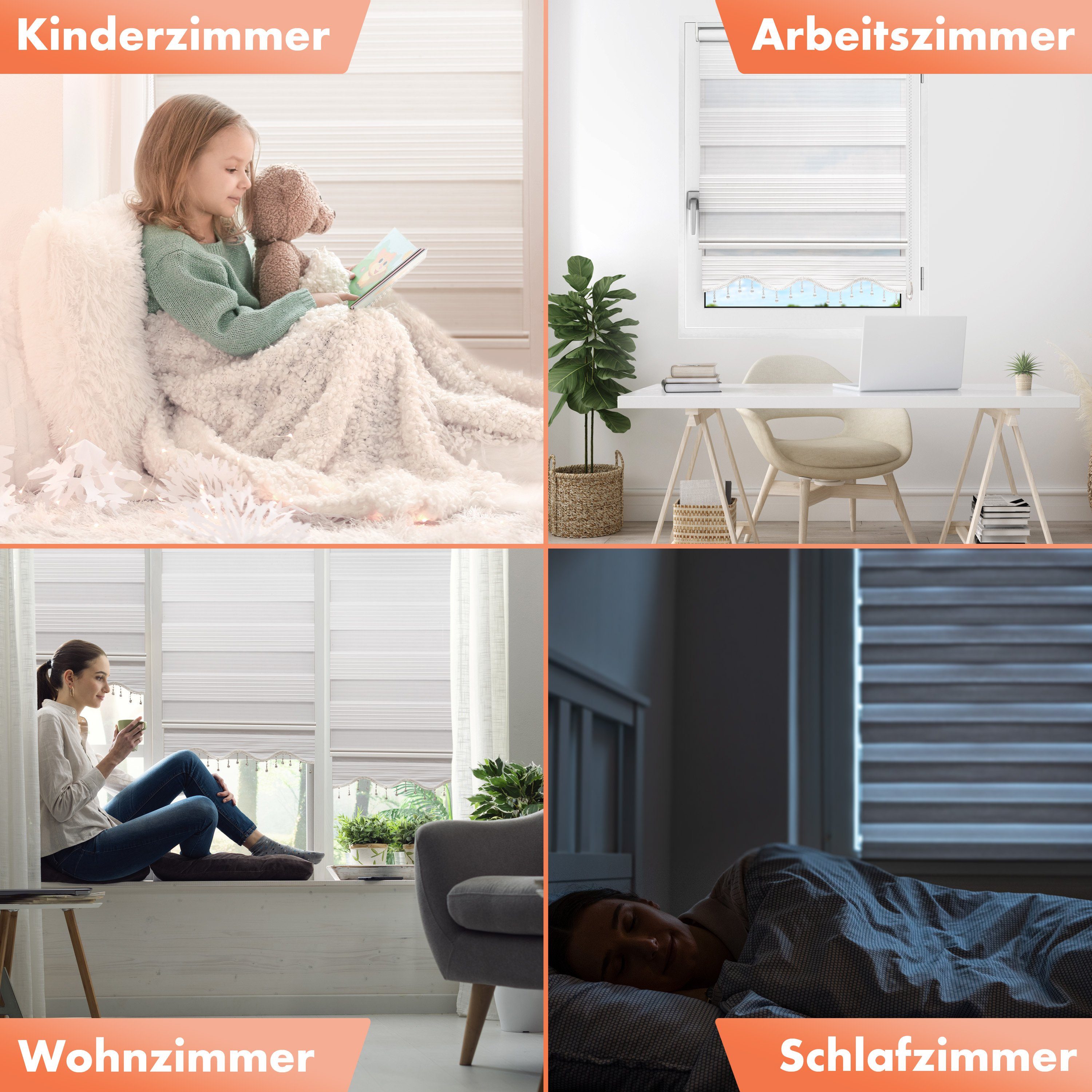 Doppelrollo mit Perlen, Mäander Ornamente Design, Bailena, Lichtschutz, ohne Bohren, freihängend, Klemmfix, glitzernd, Gardine mit Volant-Bordüre