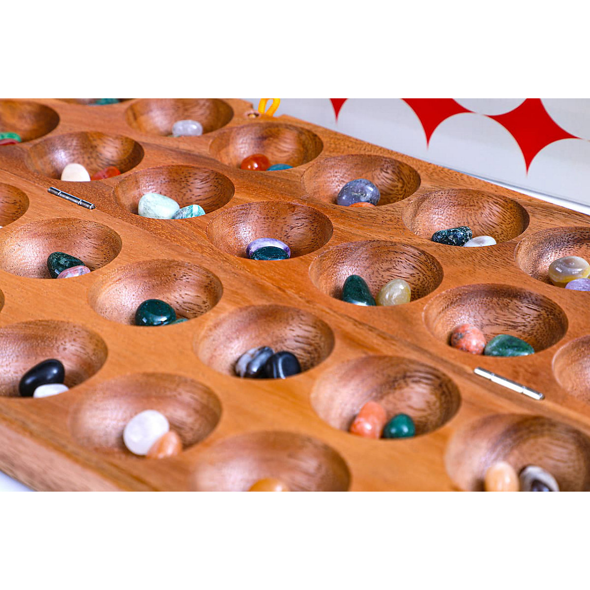 HUS BAO, Steinchenspiel, Bohnenspiel, Halbedelsteine, Mancala, Kalaha, Familienspiel, Gesellschaftsspiel aus Holz