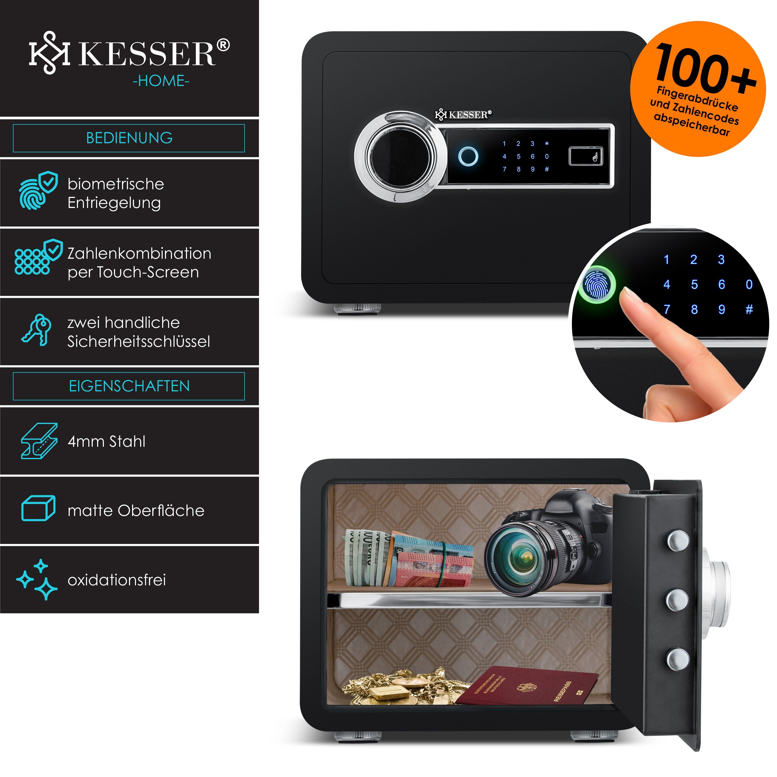 KESSER Tresor, Elektrischer Tresor mit Fingerabdruck Inkl. Batteriebox