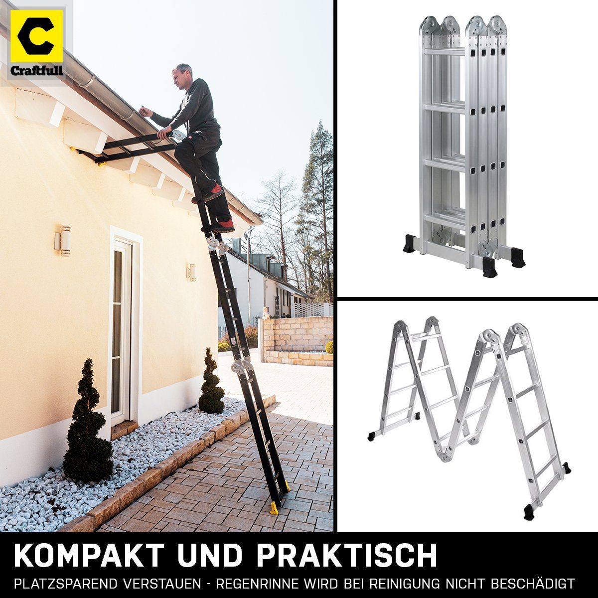 Craftfull Vielzweckleiter 6in1 Leiter CF-104A inkl. 3 Jahre Garantie Mehrzweckleiter Aluminium (Sicherheits-Sperriegel - Alu Stehleiter bis 150 kg - Anlegeleiter - Arbeitsbühne - Multigerüst mit Rollen - Haushaltsleiter - Stufen Leiter - Arbeitsleite