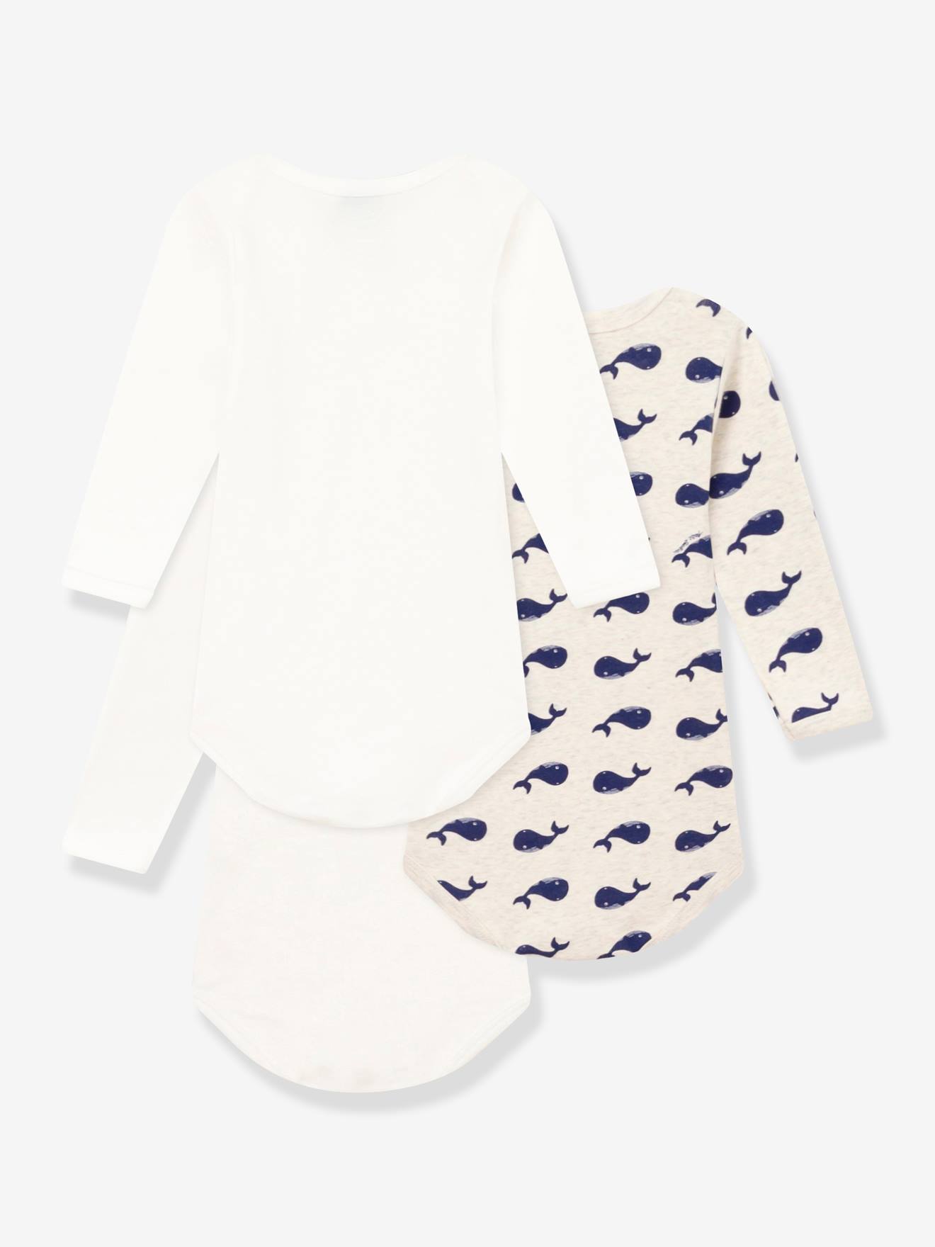 Lot de 3 bodies manches longues baleines bébé en coton PETIT BATEAU blanc