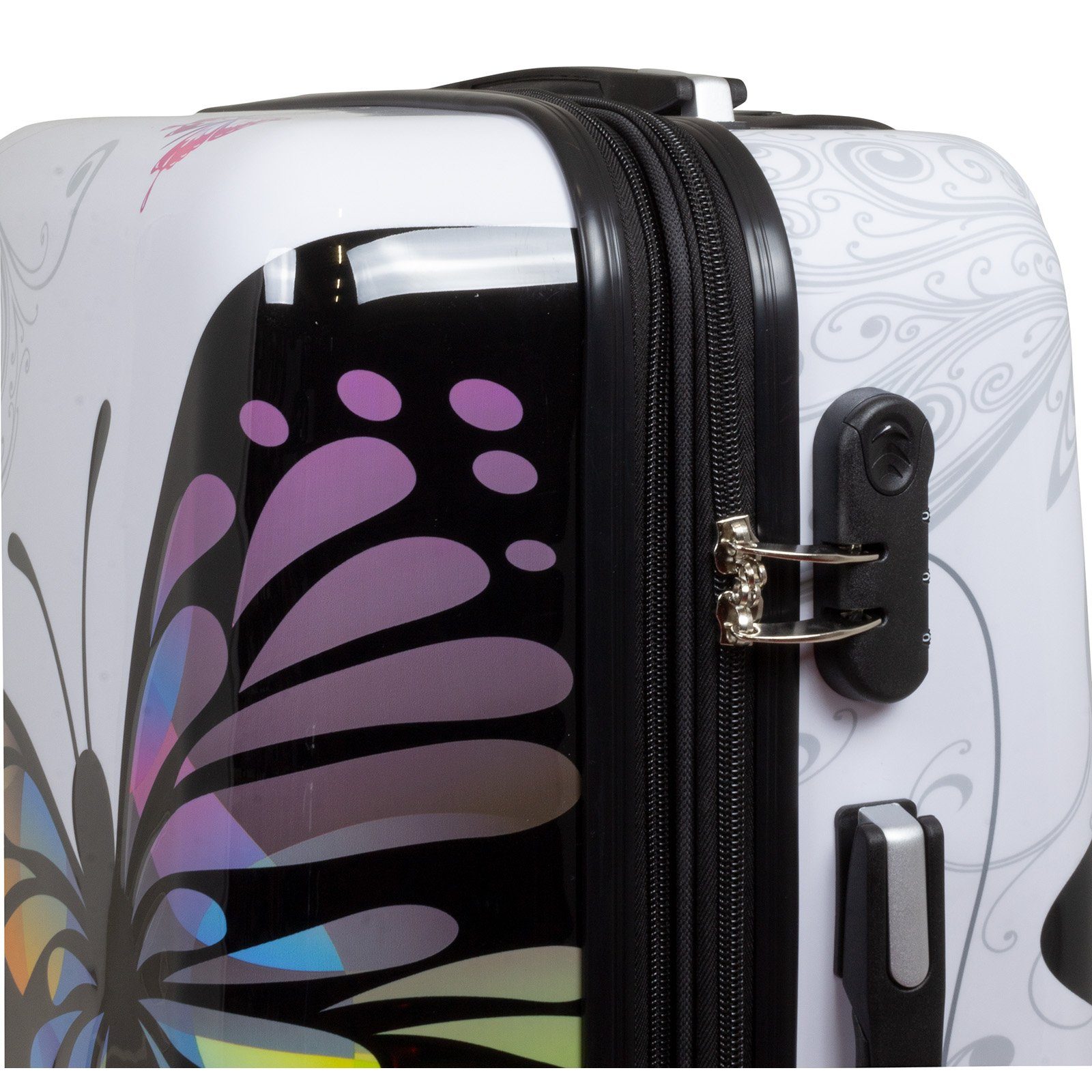 Trendyshop365 Hartschalen-Trolley Butterfly, bunter Koffer mit Schmetterlings-Motiv, 3 Größen, 4 Rollen, Zahlenschloss, Polycarbonat, Dehnfalte