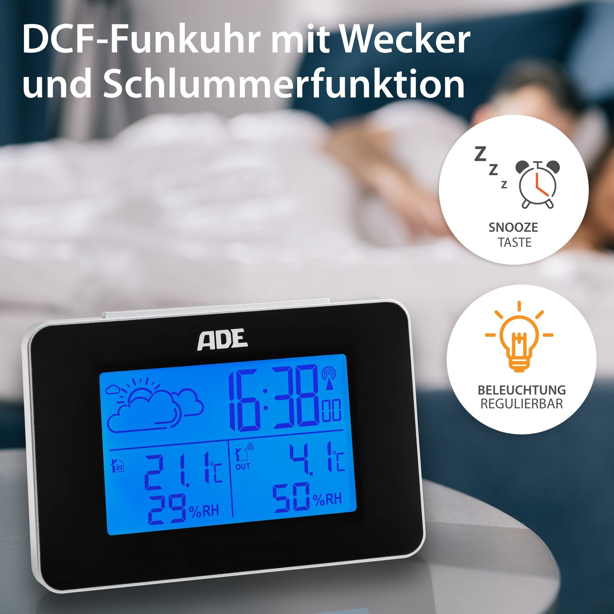 ADE Wetterstation für drinnen und draußen Funkwetterstation (mit Außensensor, animierte Wettervorhersage, mit Luftfeuchtigkeitsmessung)