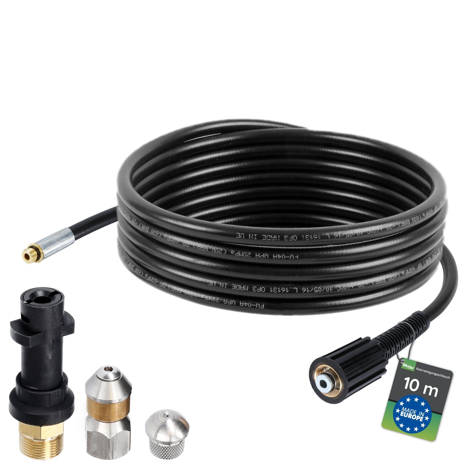 McFilter Hochdruckschlauch Rohrreinigungsschlauch, 10m, 160 bar, kompatibel mit Kärcher, K2, K3, K4, K5, K6, Hochdruckreiniger, inkl. Adapter, Düsen starr + rotierend