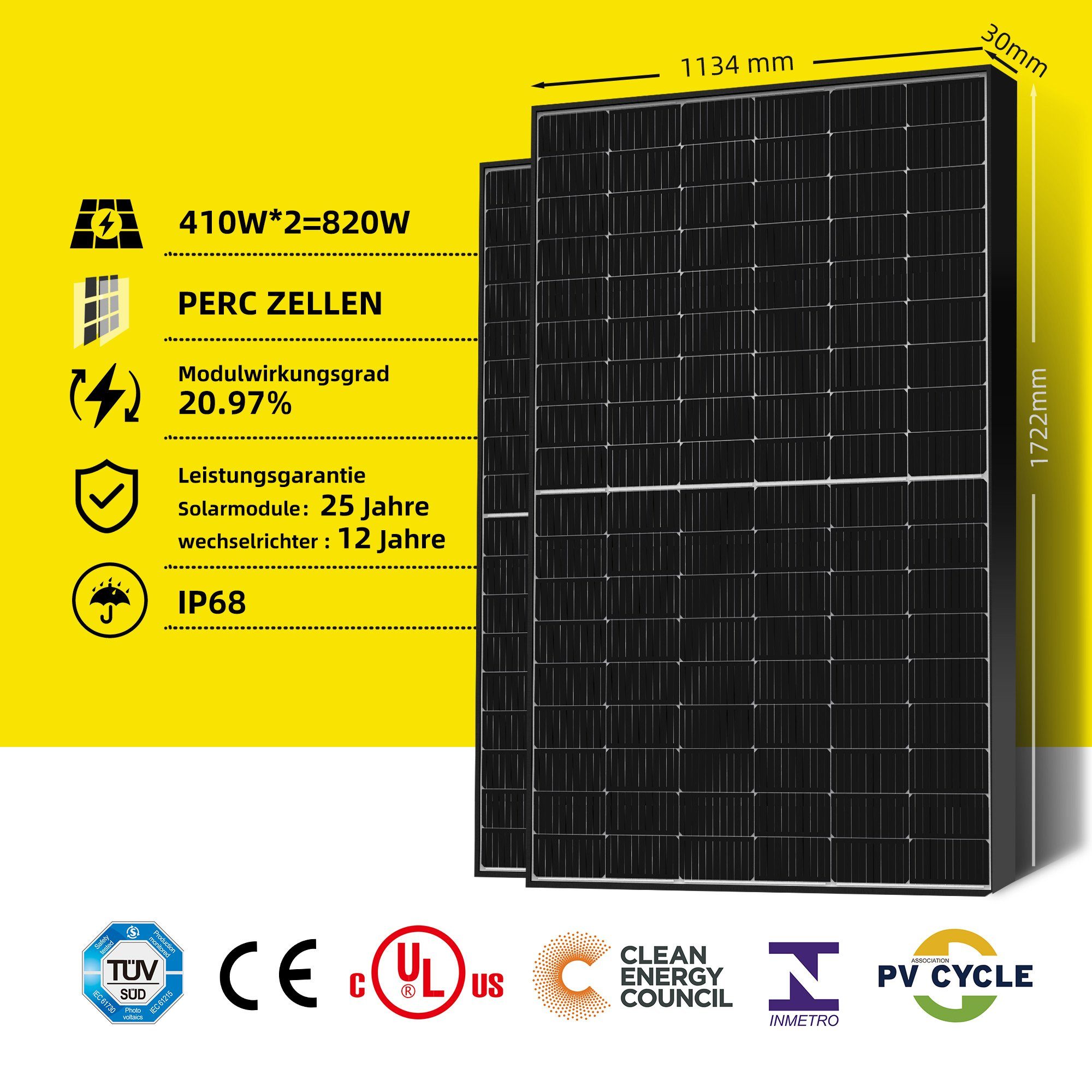 E.For.U Solarmodul Balkonkraftwerk 820W/800W KomplettSteckdose, 800,00 W, Mini-Solaranlage, (0% MwSt., Wechselrichter Upgradebar 600W auf 800W - WiFi Fernüberwachung), Mini-Solaranlage mit 2x Halterungen