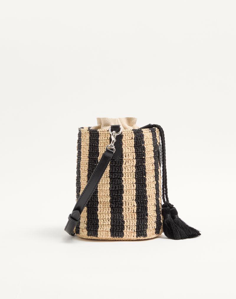 Valentino Garavani lille stribet raffia-buckettaske