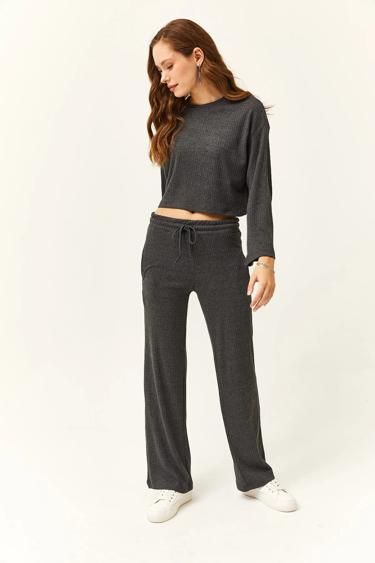 Olalook  Damen Anthrazit Oberteil Lockere Bluse Unterteil Tasche Hose Set