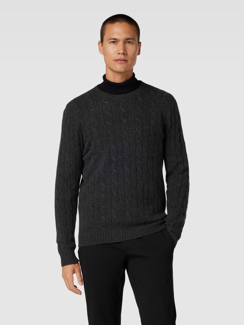 Kaschmirpullover mit Zopfmuster in dunkelgrau meliert