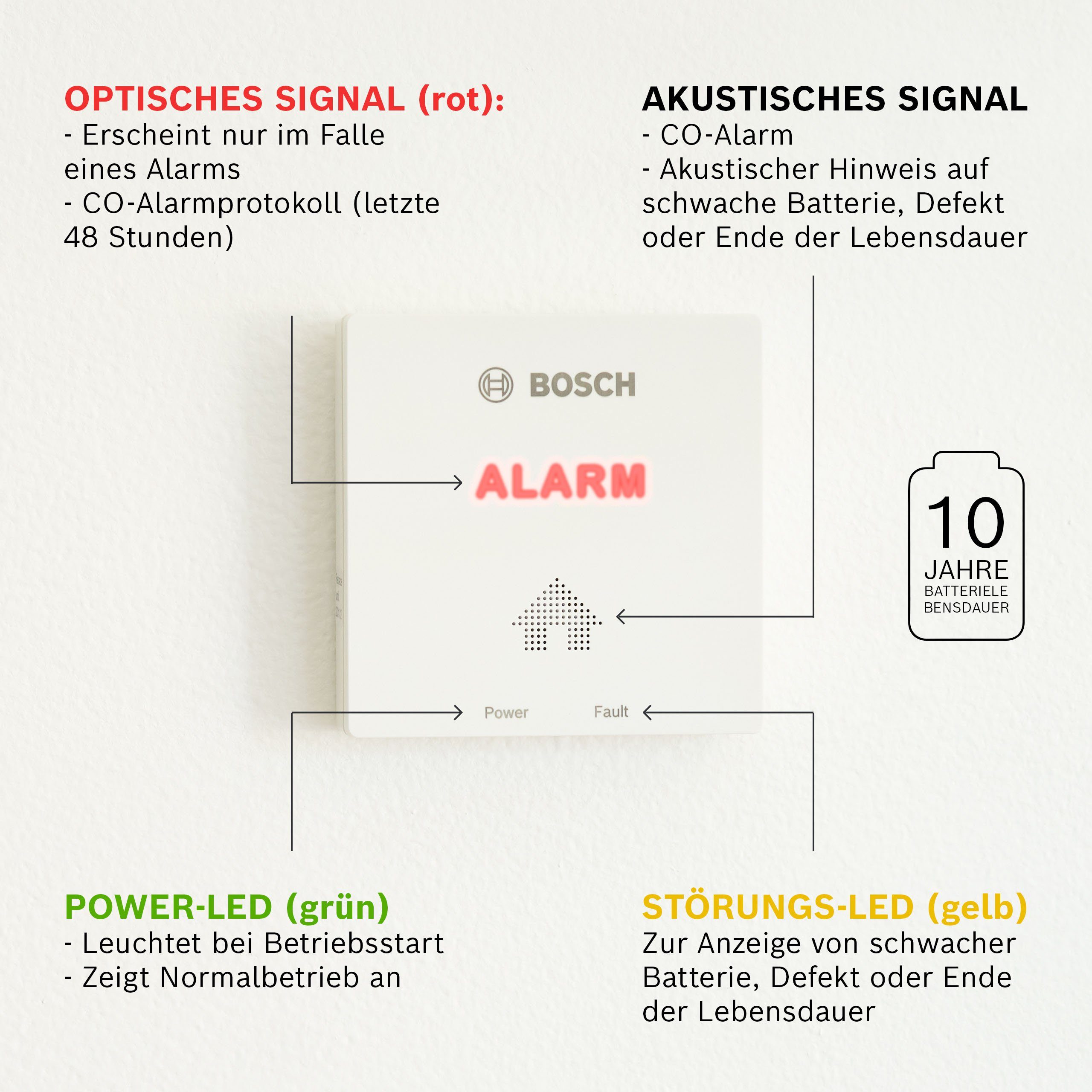 BOSCH D-CO CO-Melder (Kohlenmonoxid Melder mit Memory-Modus und Lebensdauer-Anzeige)