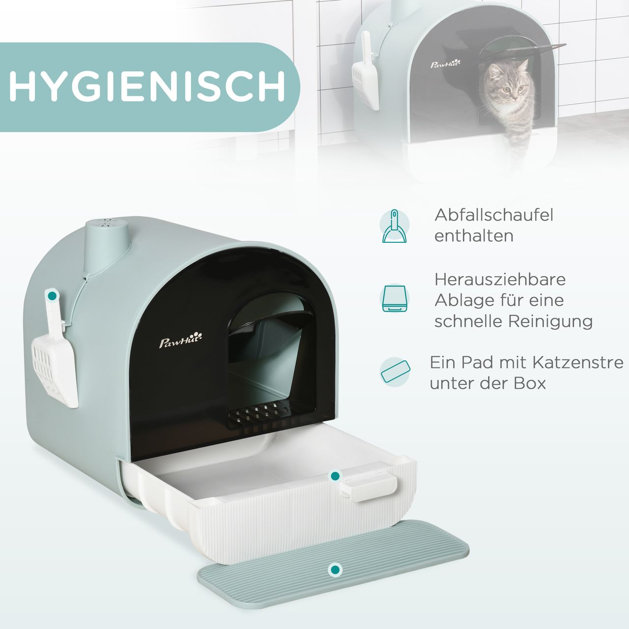 PawHut Katzentoilette Katzenklo mit Haube und Deckel Katzenstreu Matte Grün
