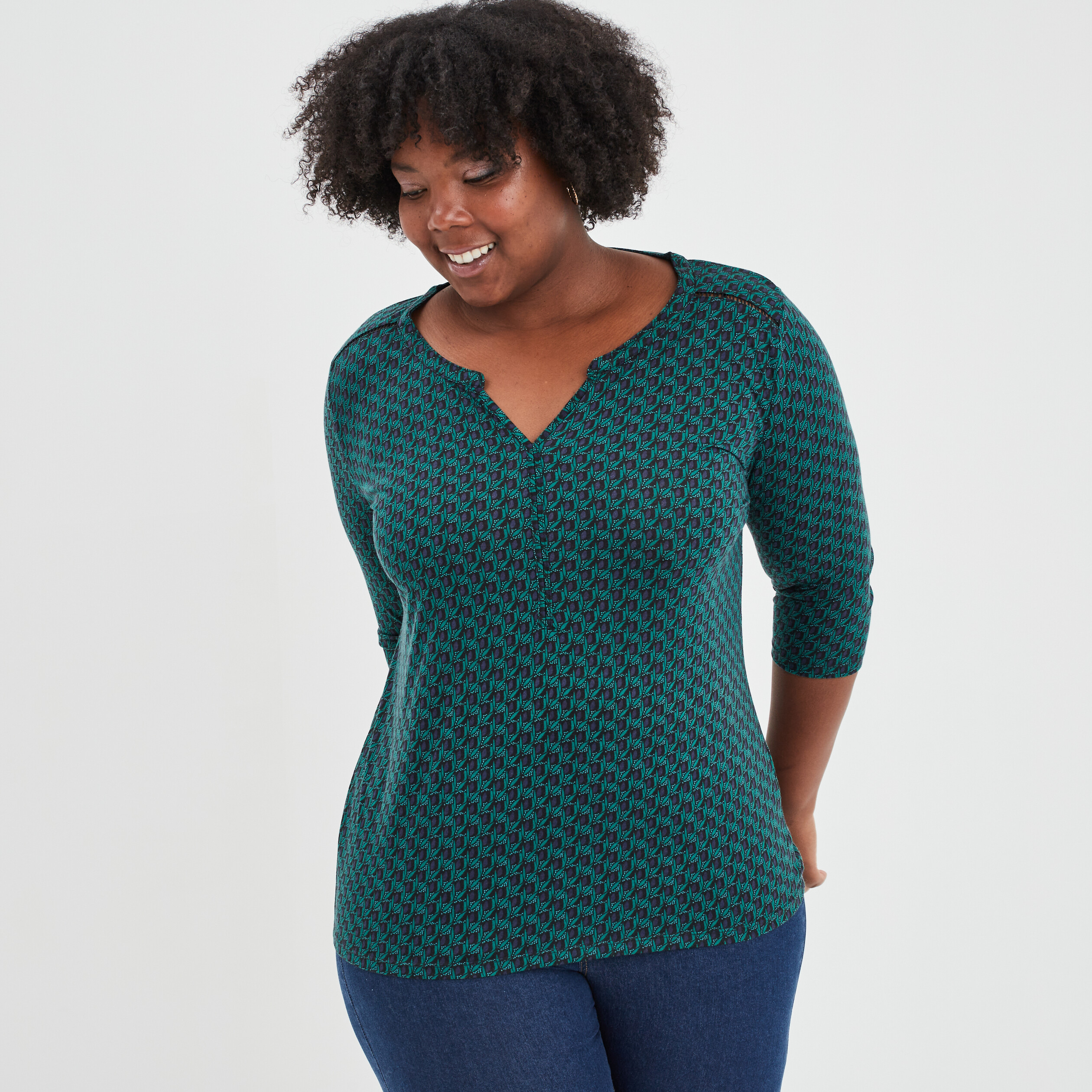T-shirt manches 3 4 bleu marine femme grande taille | La Halle