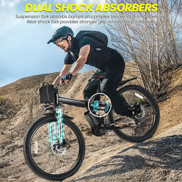 Gocio 26 in. Electric Bike for Adults, 500W Folding Electric Mountain Bicycle Max 50Miles, Full Suspension, 48V Foldable E-Bike with Removable 374.4Wh Lithium-Ion Battery Electric City Bike