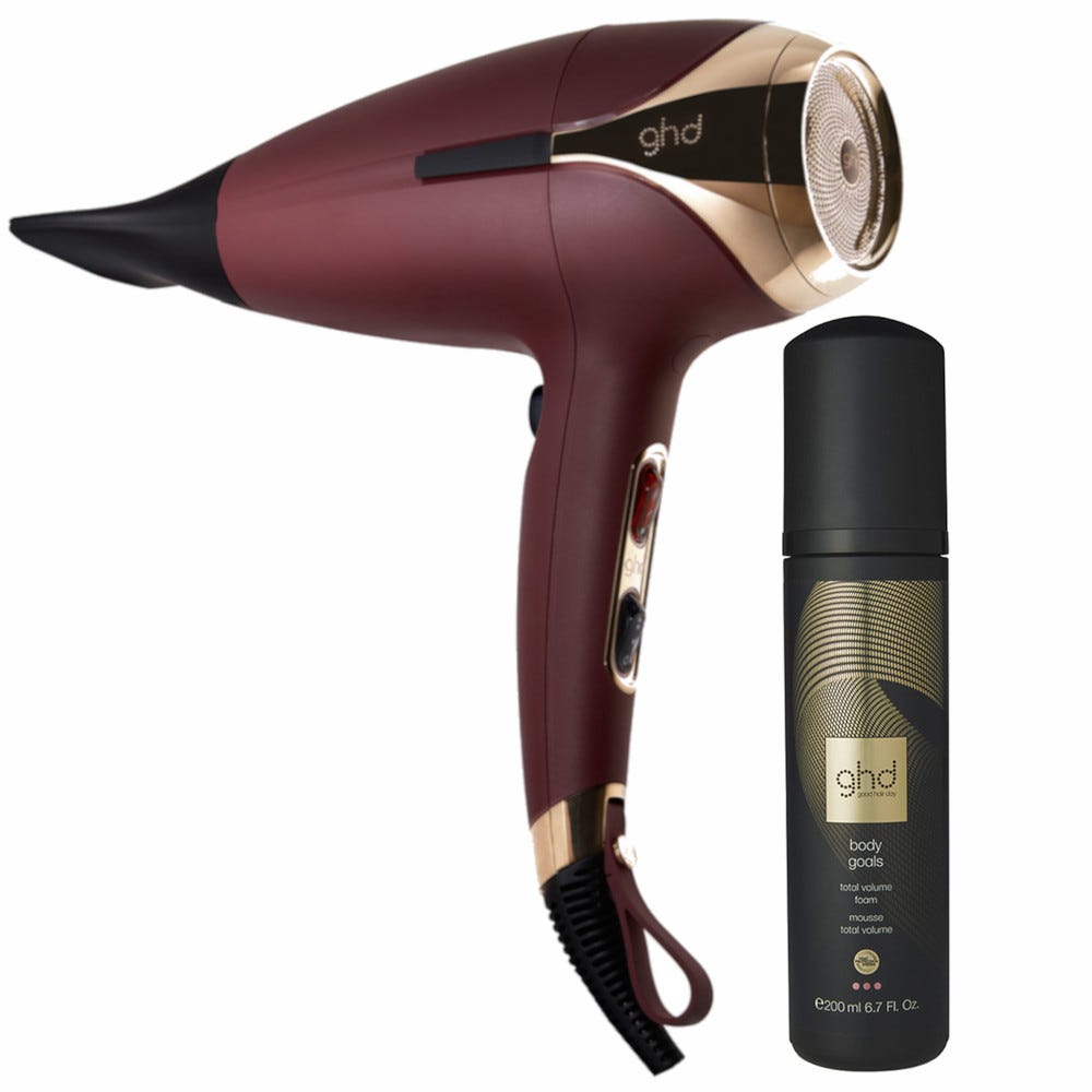 ghd helios Haartrockner bordeaux & body goals Volumschaum Pflegebundle