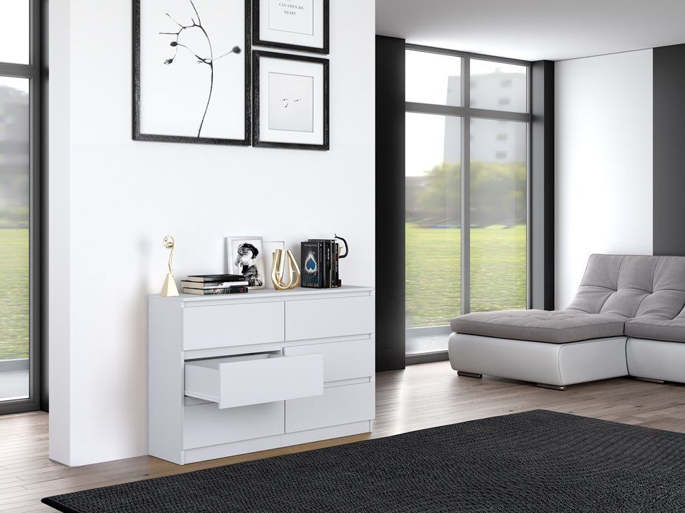 Home Collective Kommode weiß mit sechs Schubladen, Schlafzimmer Flur, Schrank, Sideboard, Highboard, Breite 120 cm Höhe 75cm
