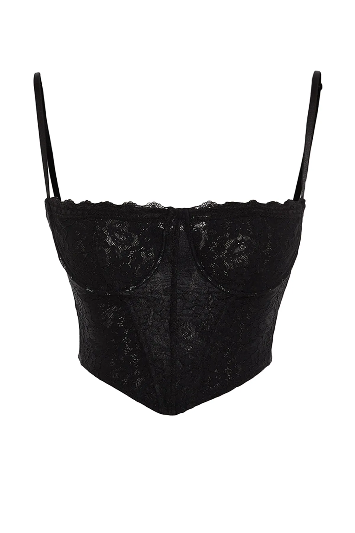 Trendyol Collection  Schwarzes, bauchfreies, gefüttertes Korsett mit detailliertem Spitzen-Bustier TPRAW23BS00062