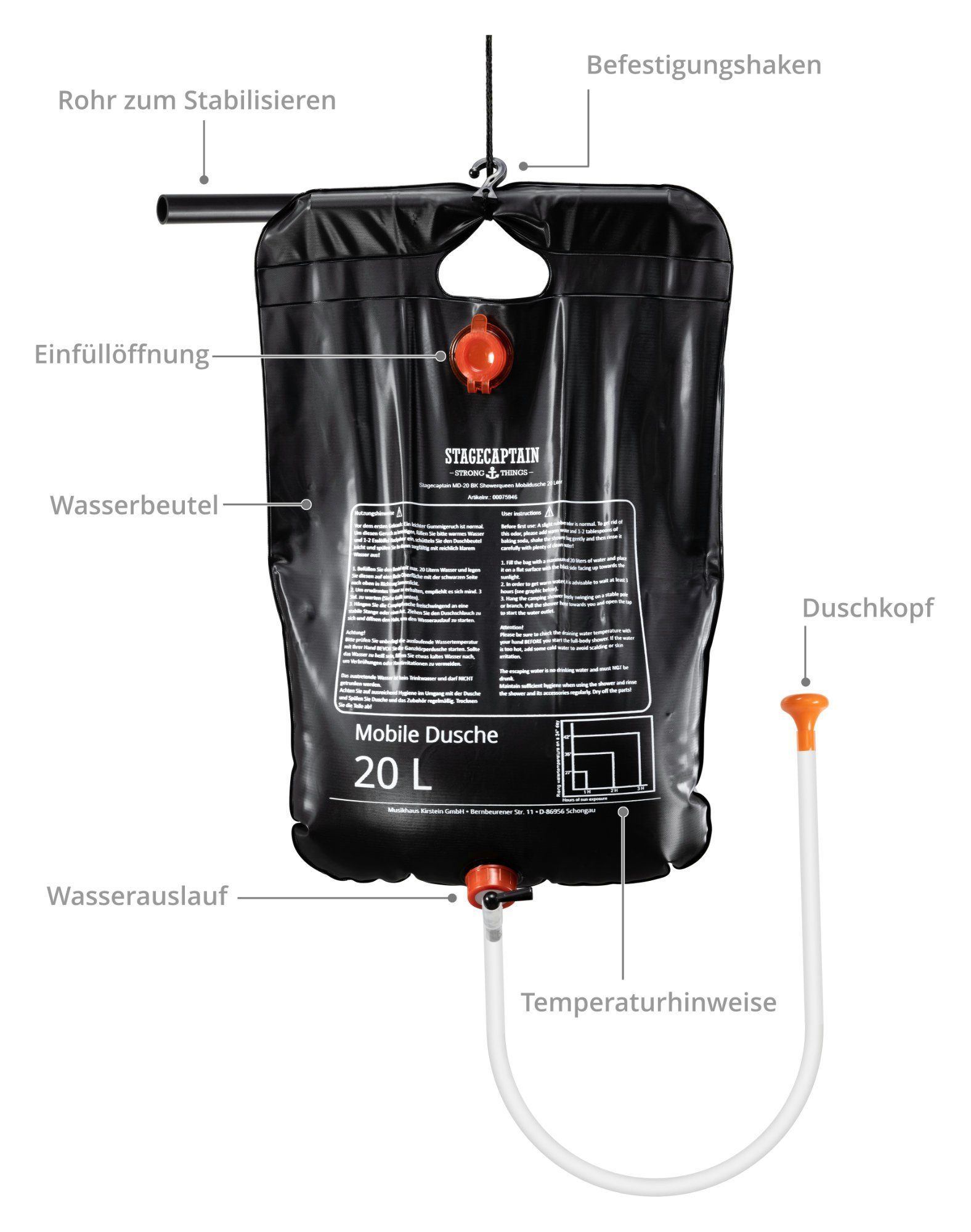 Stagecaptain Solardusche MD-20 BL Mobildusche mit 20 Liter Volumen (Campingdusche Set, 2 St., Inkl. Netzbeutel und Aufhängevorrichtung), Reisedusche Solar mit Duschkopf