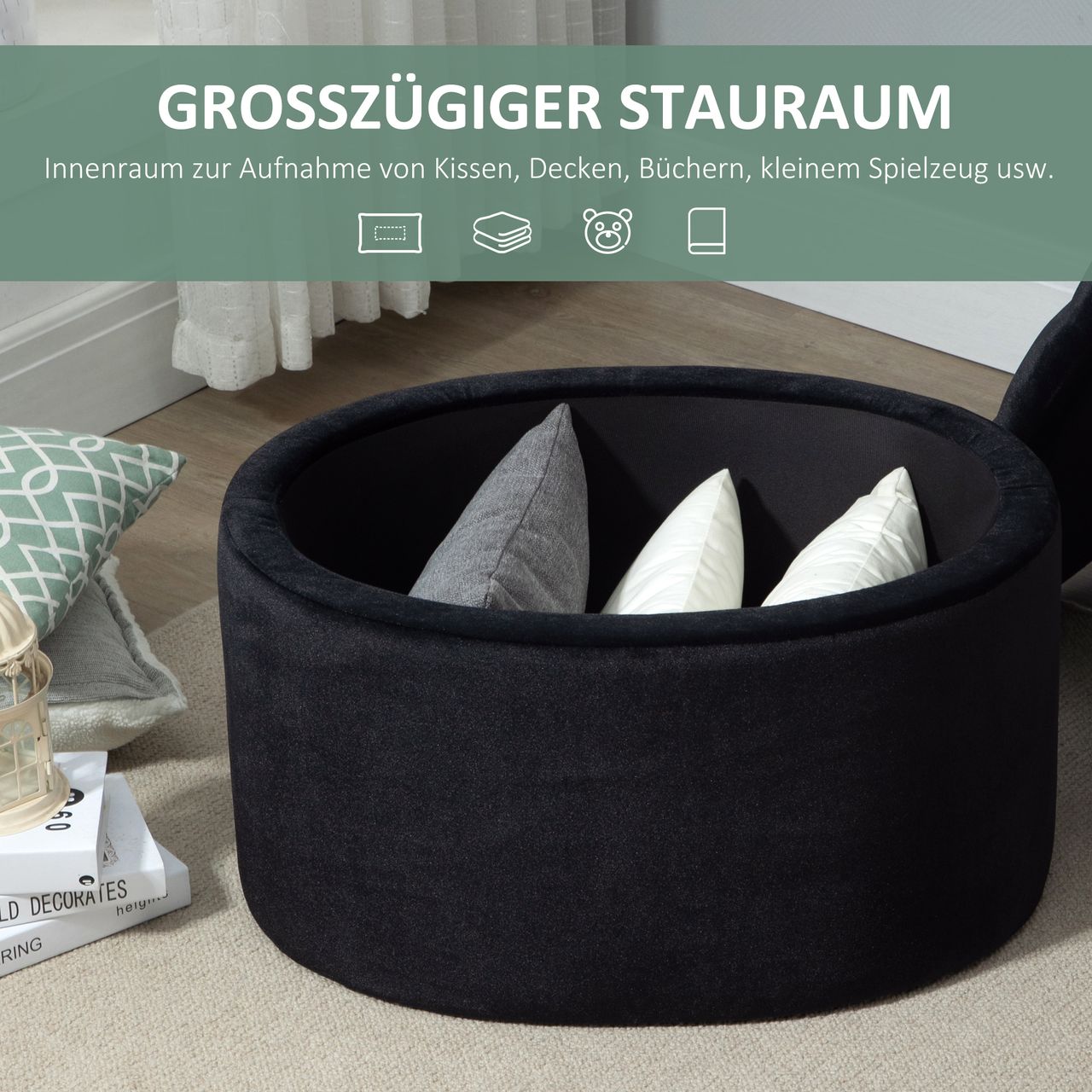 HOMCOM Sitzbank Polsterbank mit Stauraum Truhenbank Ovale Form Flur Schlafzimmer Wohnzimmer samtartiges Polyester Gummiholz Schwarz 71 x 52 x 42 cm