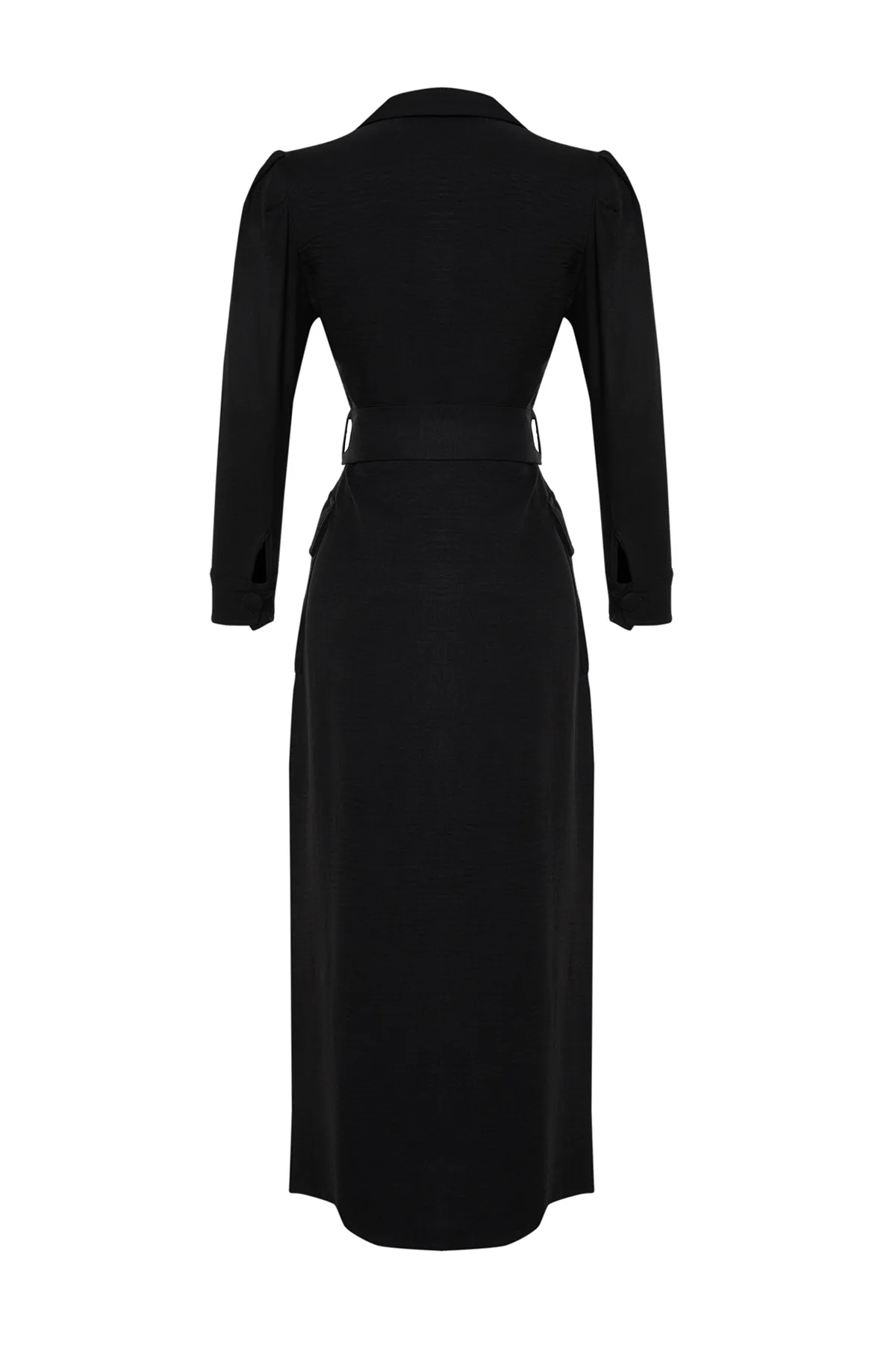 Trendyol Modest  Schwarzes gewebtes Hemdblusenkleid in Leinenoptik mit Gürtel TCTSS24EB00017
