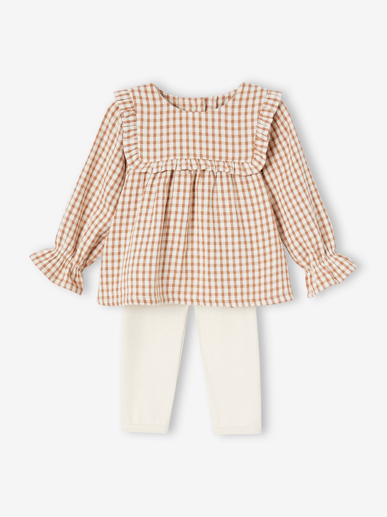 Ensemble bébé robe vichy et son legging assorti noix de pécan