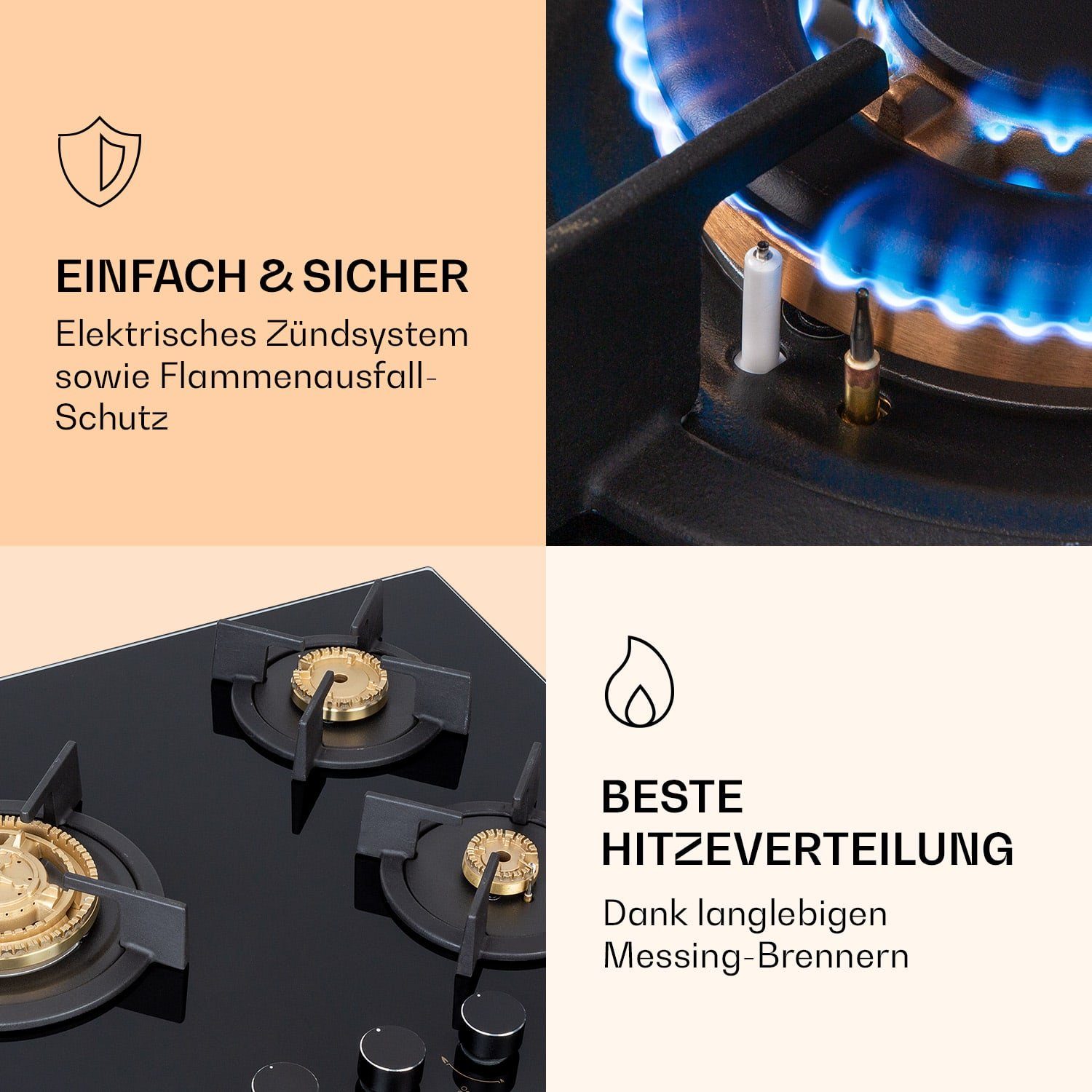 Klarstein Gas-Kochfeld Goldflame 3 Gaskochfeld 3-flammig Messing-Brenner Glaskeramik CP11-Goldflame-3, Einbau Gas Kochfeld 3 Platten Herdplatte Kochplatte Einbaukochfeld