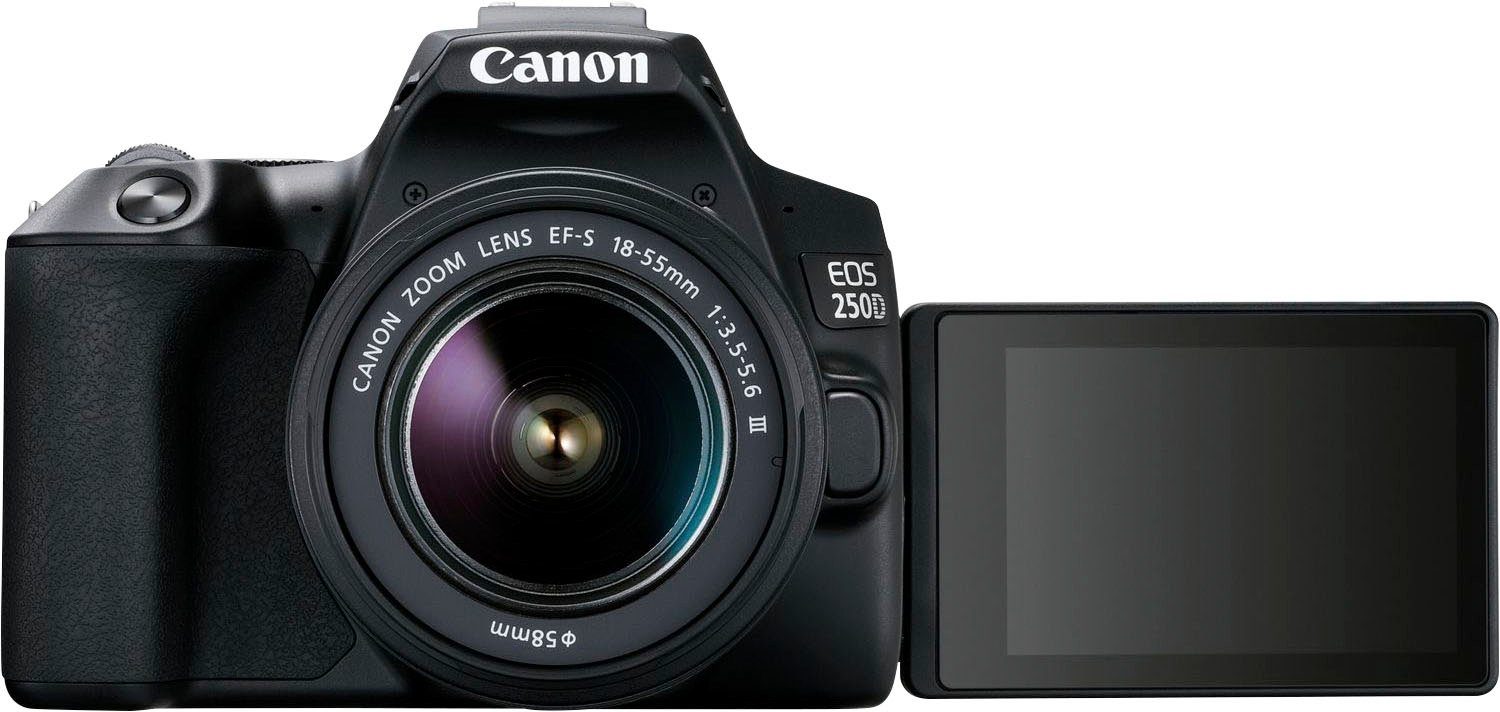 Canon 250D + EF-S 18-55mm f/3.5-5.6 III + SB130 Kit Systemkamera (EF-S 18-55mm f/3.5-5.6 III, 24,1 MP, Bluetooth, WLAN)