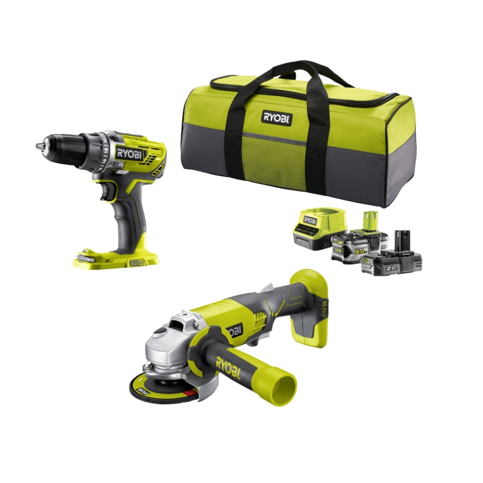 Ryobi 5133003819 R18DDAG-252S Ensemble combiné 18 V 2,0/5,0 Ah Li-ion