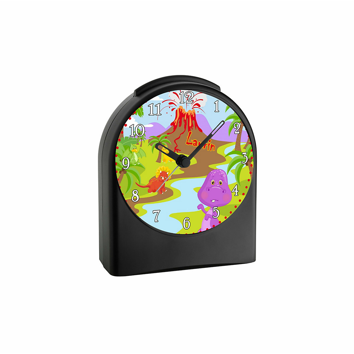 Kinder Funkwecker personalisiert mit Namen Dino Atom-/Funkuhr, 12-Stunden-Anzeigeformat, Schlummerfunktion, Nachtlicht, Geräuschlos/Ohne Ticken