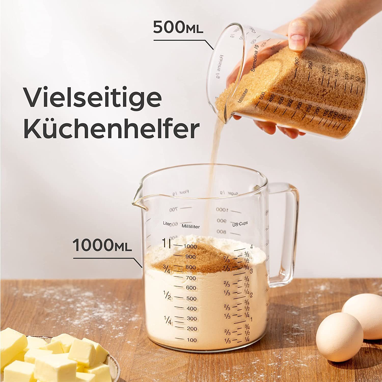 Praknu Messbecher Messbecher Set Glas 500/1000ml, Borosilikatglas, (Set)