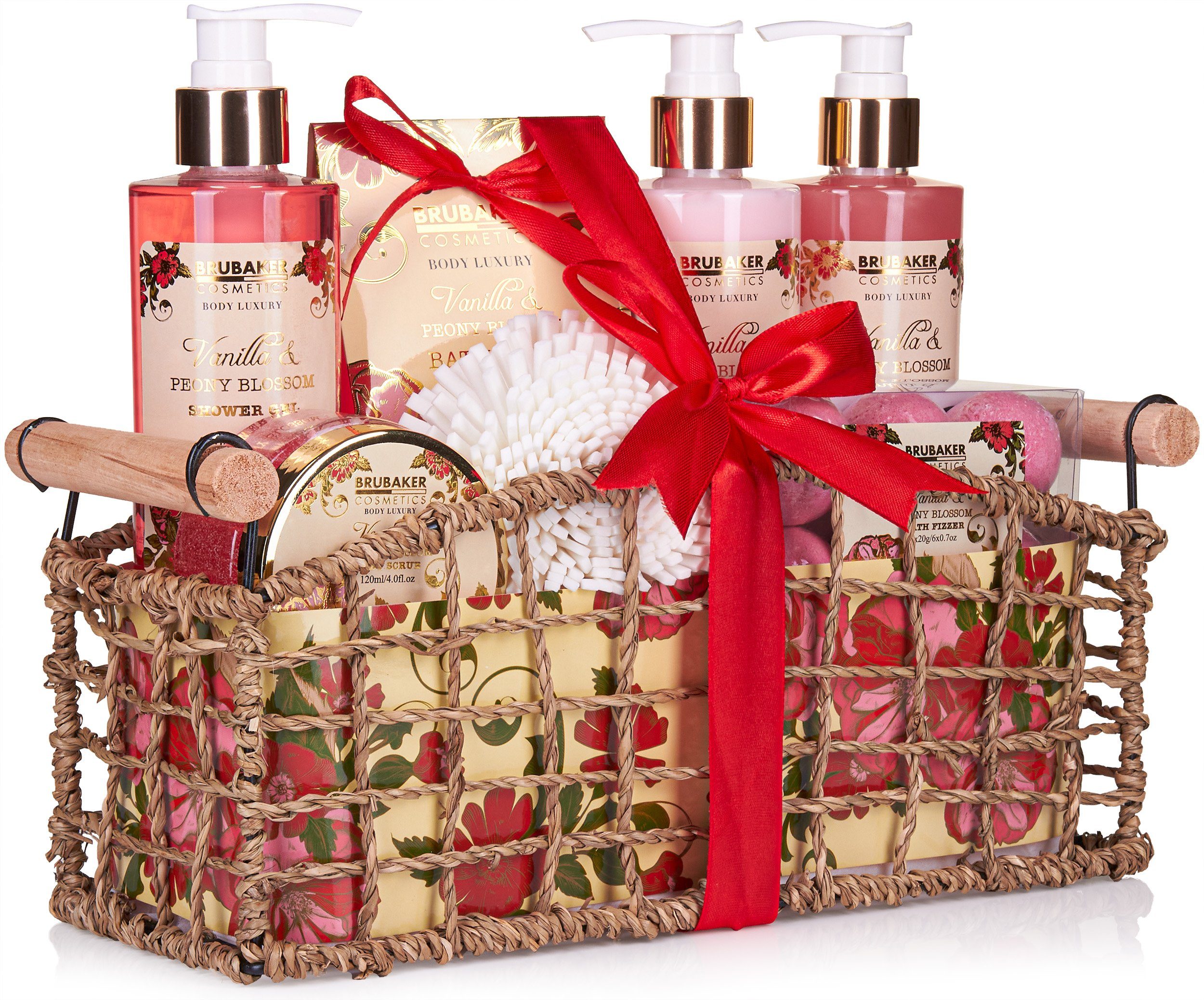 BRUBAKER Pflege-Geschenkset Dusch- und Badeset für Frauen, 13-tlg., Geschenkset in dekorativem Korb, Pfingstrosen Blüten Duft