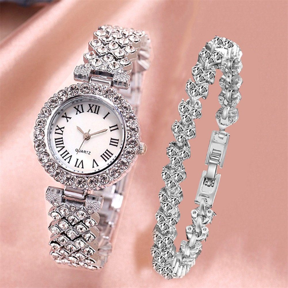 Rutaqian Quarzuhr Quarzuhr Damen Armbanduhr Set Strasssteine Uhr Geschenke Für Frauen, (set, mit Armband, mit Schmuckarmband), mit einem Strassarmband