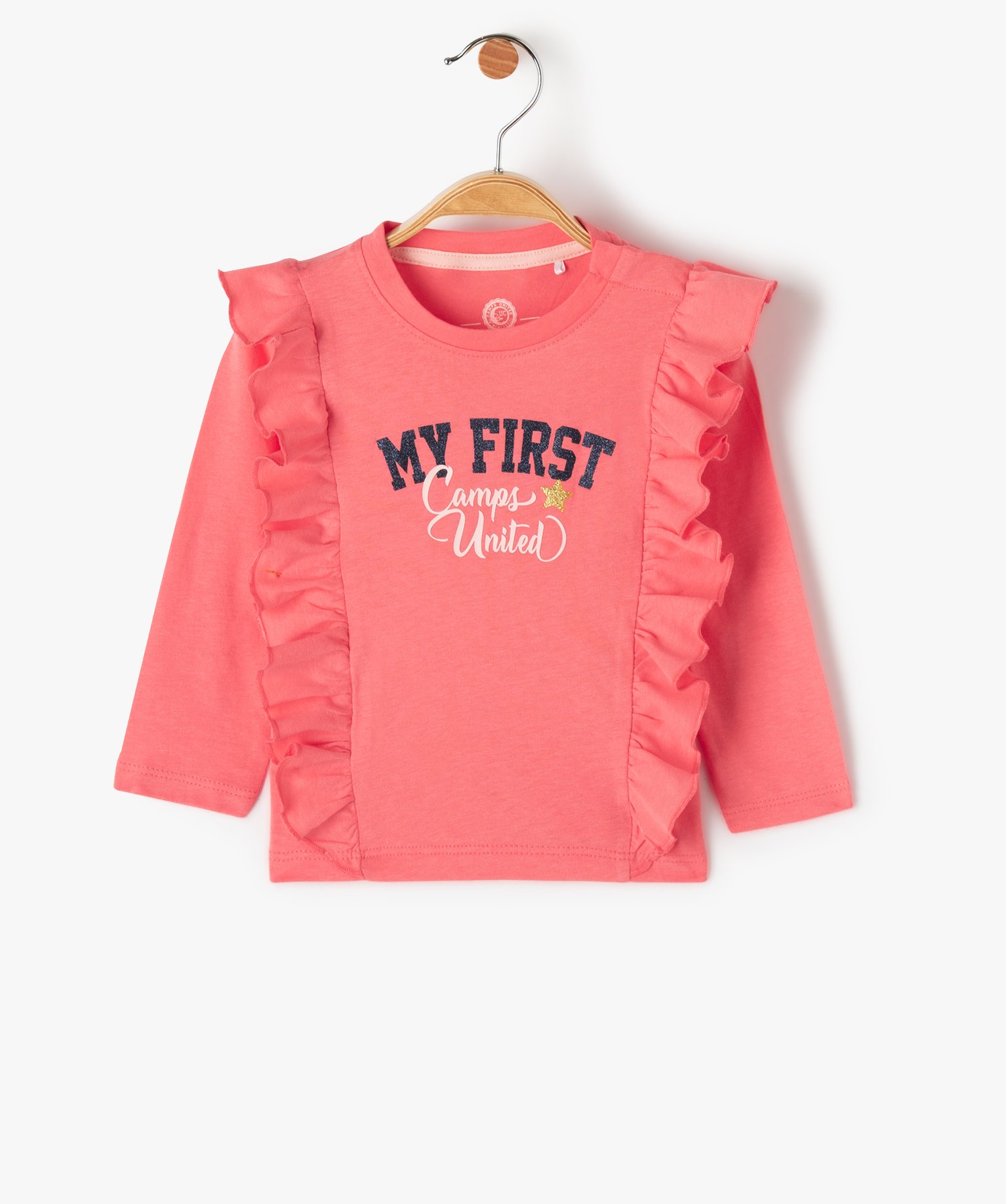 Tee-shirt bébé fille manches longues, volants et paillette... rose | GEMO