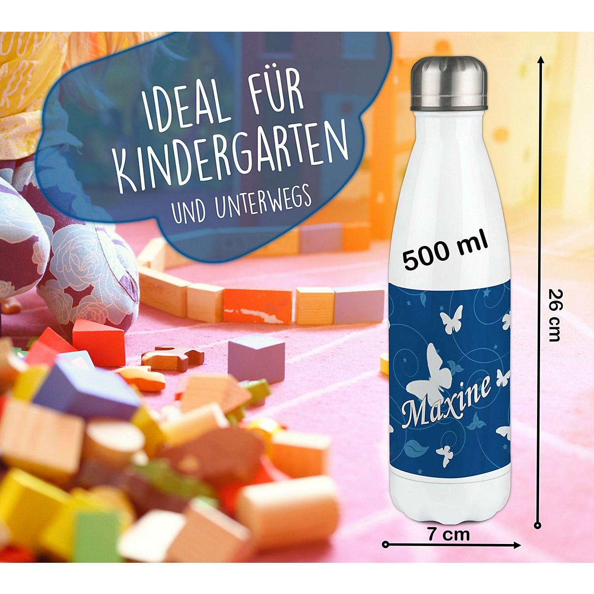 Edelstahl Kinder Thermoflasche / Trinkflasche bunt Schmetterling Ornamente Farbe blau Spülmaschinenfest, Auslaufsicher, Bruchfest, Doppelwandig, Für Heißgetränke geeignet, Mit Deckel, Isoliert