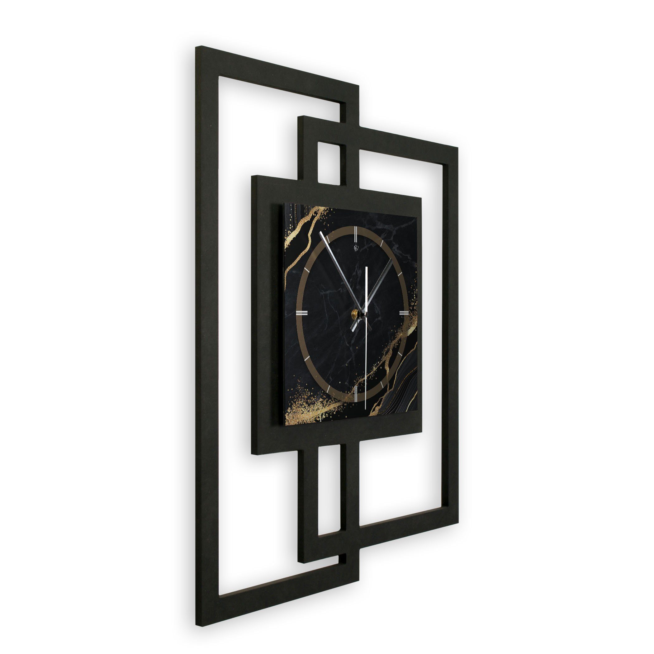 Kreative Feder Wanduhr Design-Wanduhr „Black & Gold Waves“ in modernem Metallic-Look (ohne Ticken; Funk- oder Quarzuhrwerk; elegant, außergewöhnlich, modern)