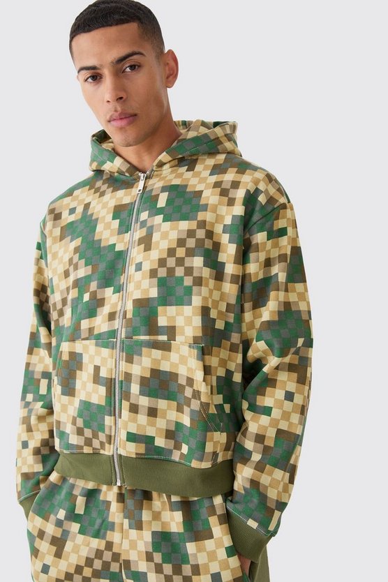 Kastiger Oversize Camouflage Hoodie-Trainingsanzug mit Reißverschluss