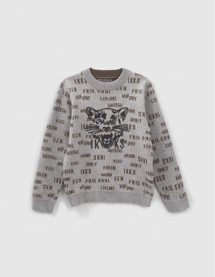 Pull réversible gris et kaki jacquard typo garçon