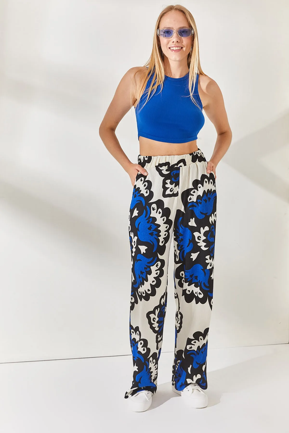 Olalook  Saks Blue Stone Palazzo-Hose mit elastischem Bund und Taschenmuster, PNT-19000225