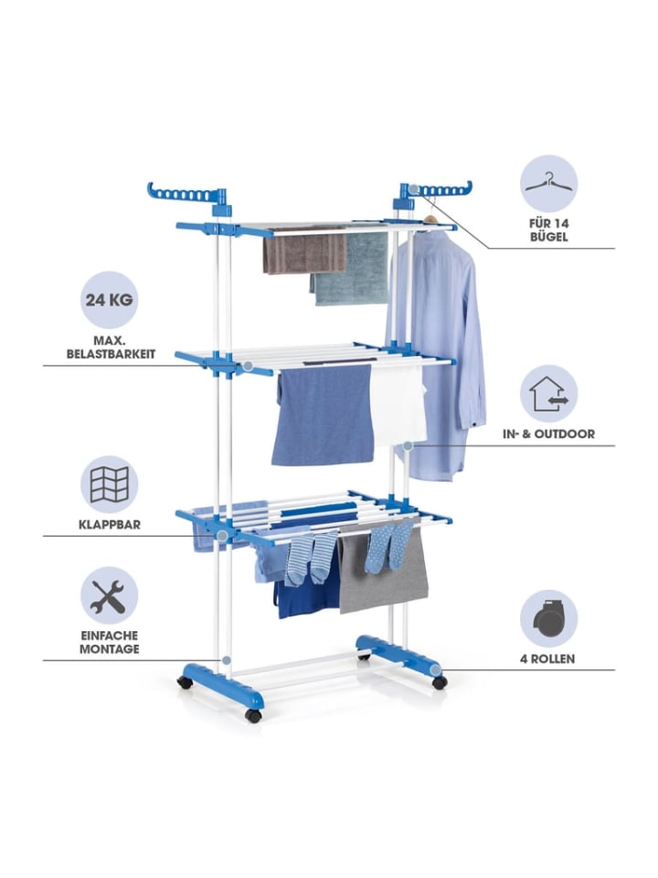 EASYmaxx EASYmaxx Wäscheständer 3 Etagen mit Rollen - 63x76x173 cm - weiß/blau günstig kaufen onesize