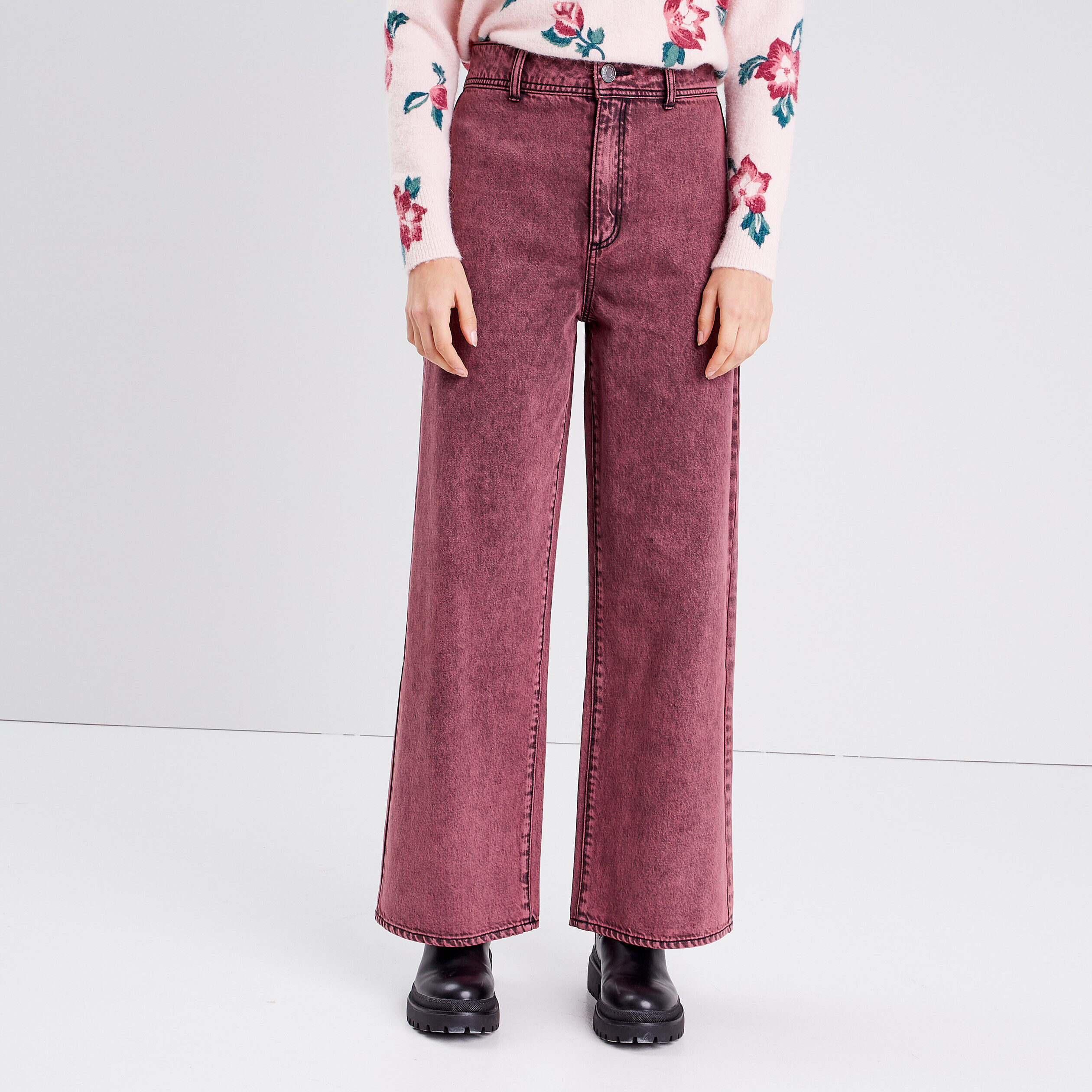 Jeans wide leg bordeaux femme | Cache Cache