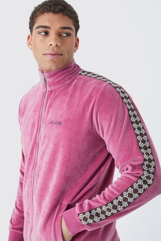 Velour Trainingsoberteil mit Reißverschluss und Jacquard-Streifen