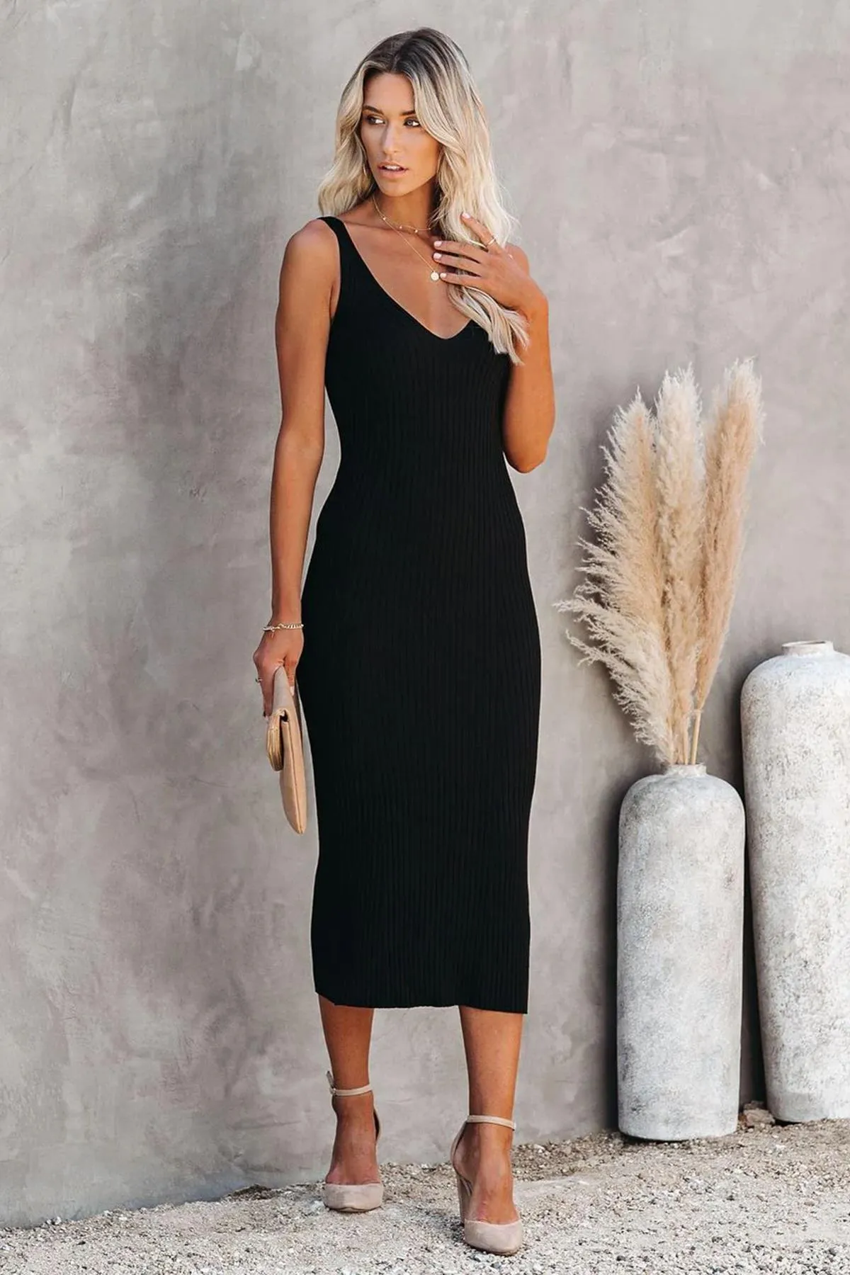 Madmext  Schwarzes langes Strickkleid mit Trägern und V-Ausschnitt Mg1724