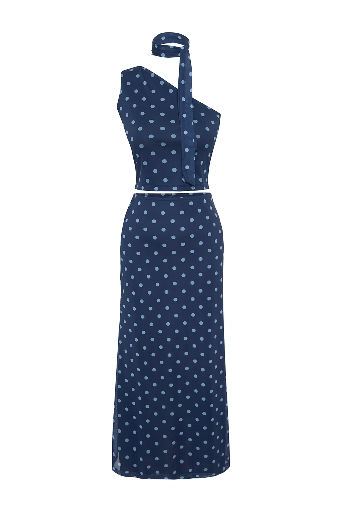 Trendyol Collection  Marineblaues, gepunktetes, tailliertes/flexibles Strick-Ober- und Unterteil-Set aus Tüll mit figurbetontem Schal TWOSS24AU00072