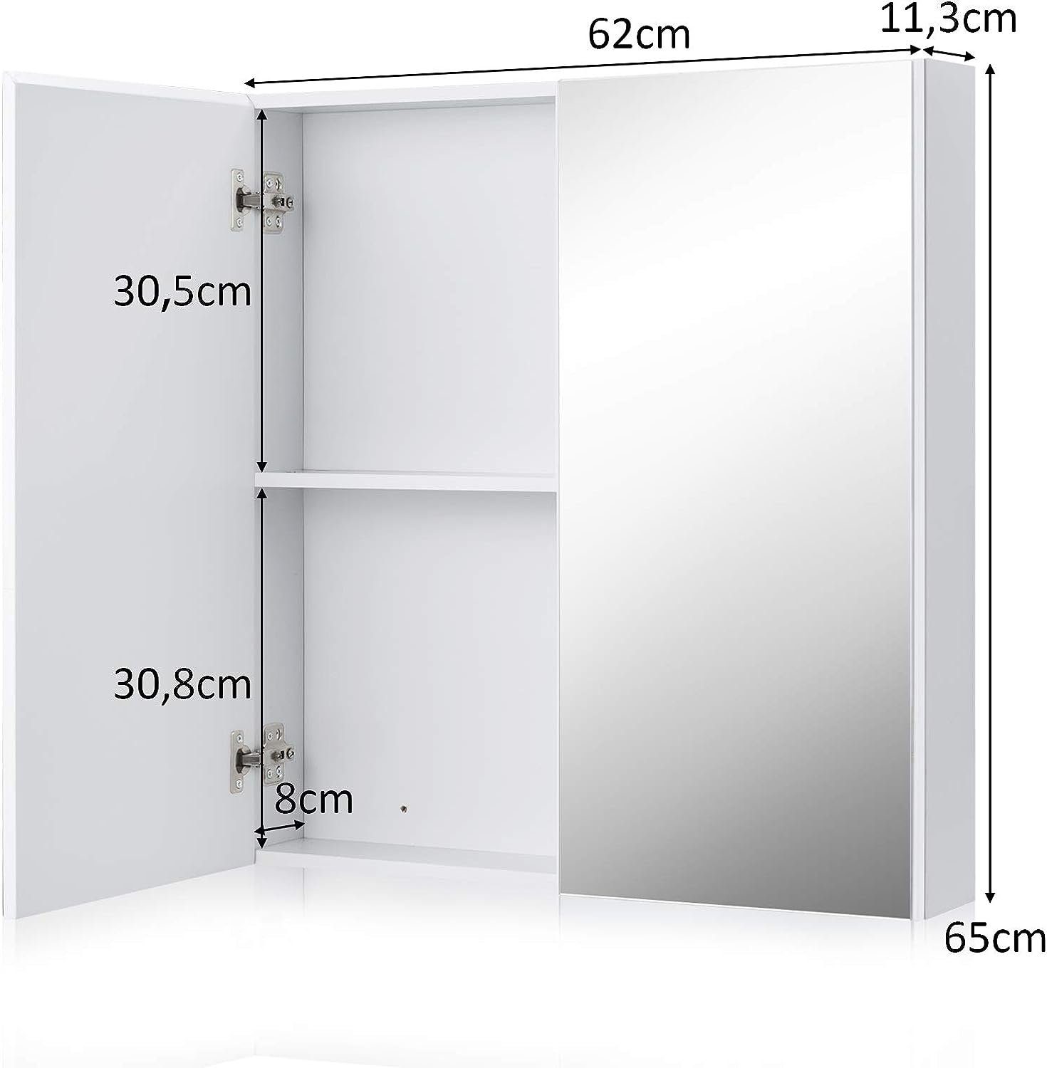 KOMFOTTEU Badezimmerspiegelschrank Spiegelschrank mit 2 Türen, 62 x 11,3 x 65 cm