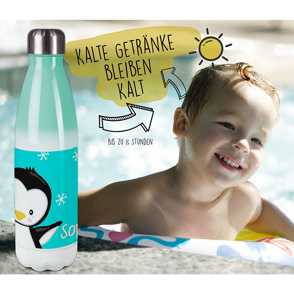 Edelstahl Kinder Thermoflasche / Trinkflasche bunt Pinguin Farbe türkis Spülmaschinenfest, Auslaufsicher, Bruchfest, Doppelwandig, Für Heißgetränke geeignet, Mit Deckel, Isoliert