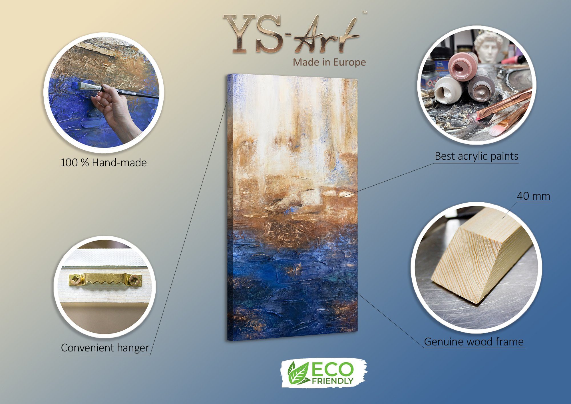 YS-Art Gemälde Marine II, Abstrakte Bilder, Vertikales Leinwand Bild Handgemalt Blau Gold Abstrakt