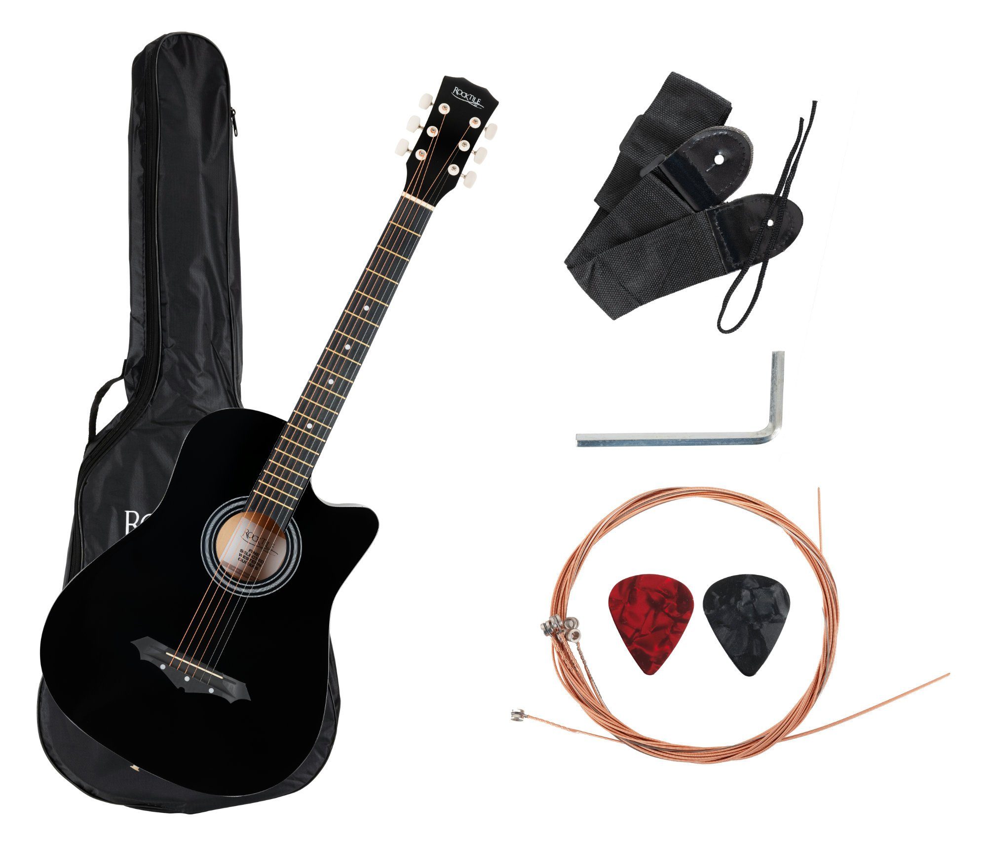 Rocktile Westerngitarre WSD-5C Slim Line Westerngitarren Set - Dreadnought Akustik Gitarre, Set inkl. Tasche, Ersatzsaiten, Gurt und Plektren