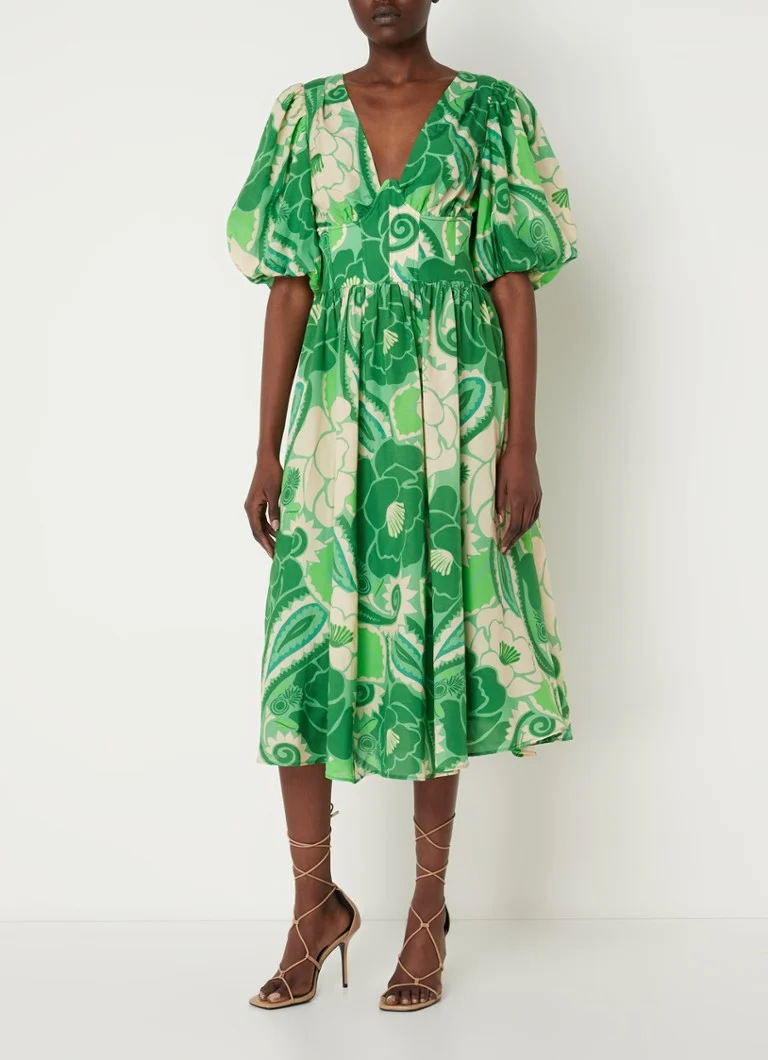 Vestido midi estampado floral de Farm Rio con mangas abullonadas