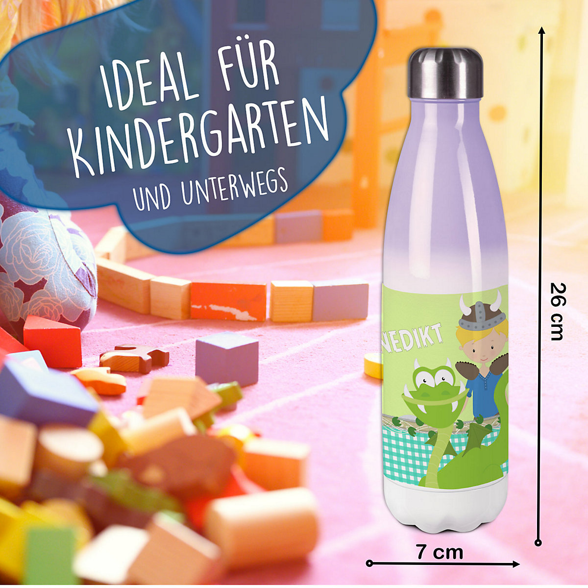 Edelstahl Kinder Thermoflasche / Trinkflasche bunt Wikinger Spülmaschinenfest, Auslaufsicher, Bruchfest, Doppelwandig, Für Heißgetränke geeignet, Mit Deckel, Isoliert