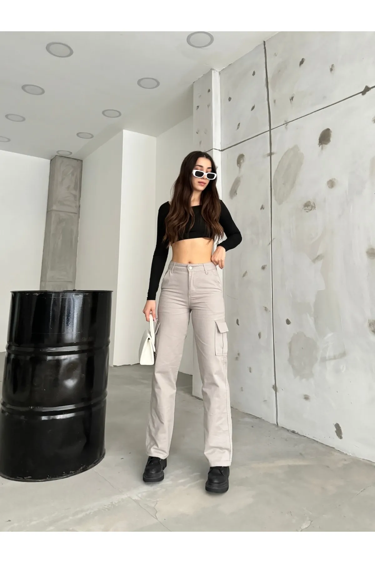 BİKELİFE  Steinige Cargohose für Damen mit hoher Taille und weitem Bein