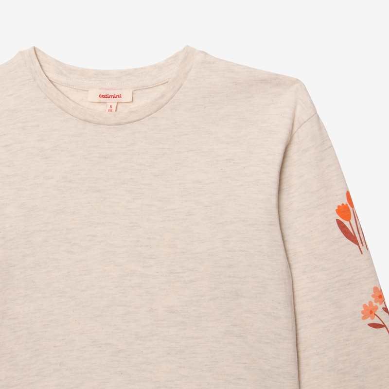 T-shirt fille fleurs manches gris en coton recyclé Catimini